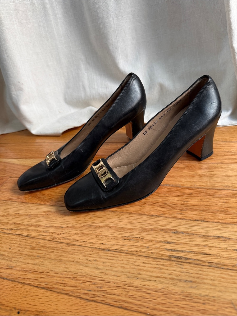 Salvatore Ferragamo Black Leather Block Heel Pumps with Gold Buckle